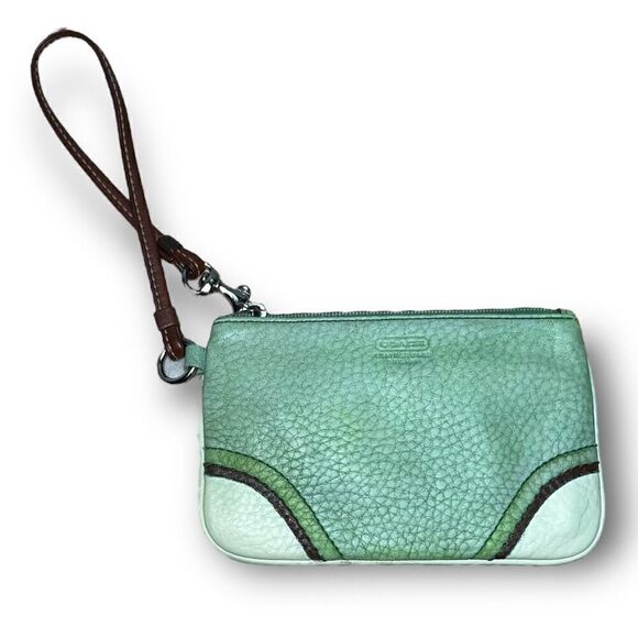 Coach, Green, Brown & Cream Upcycled Leather Wristlet Handpainted & Dyed - Picture 2 of 14